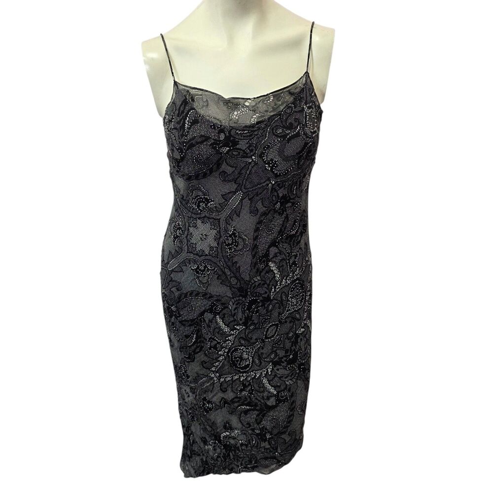 Positive Attitude Silk Beaded Slip Dress Petite 6 Black Gray Lace Print Midi